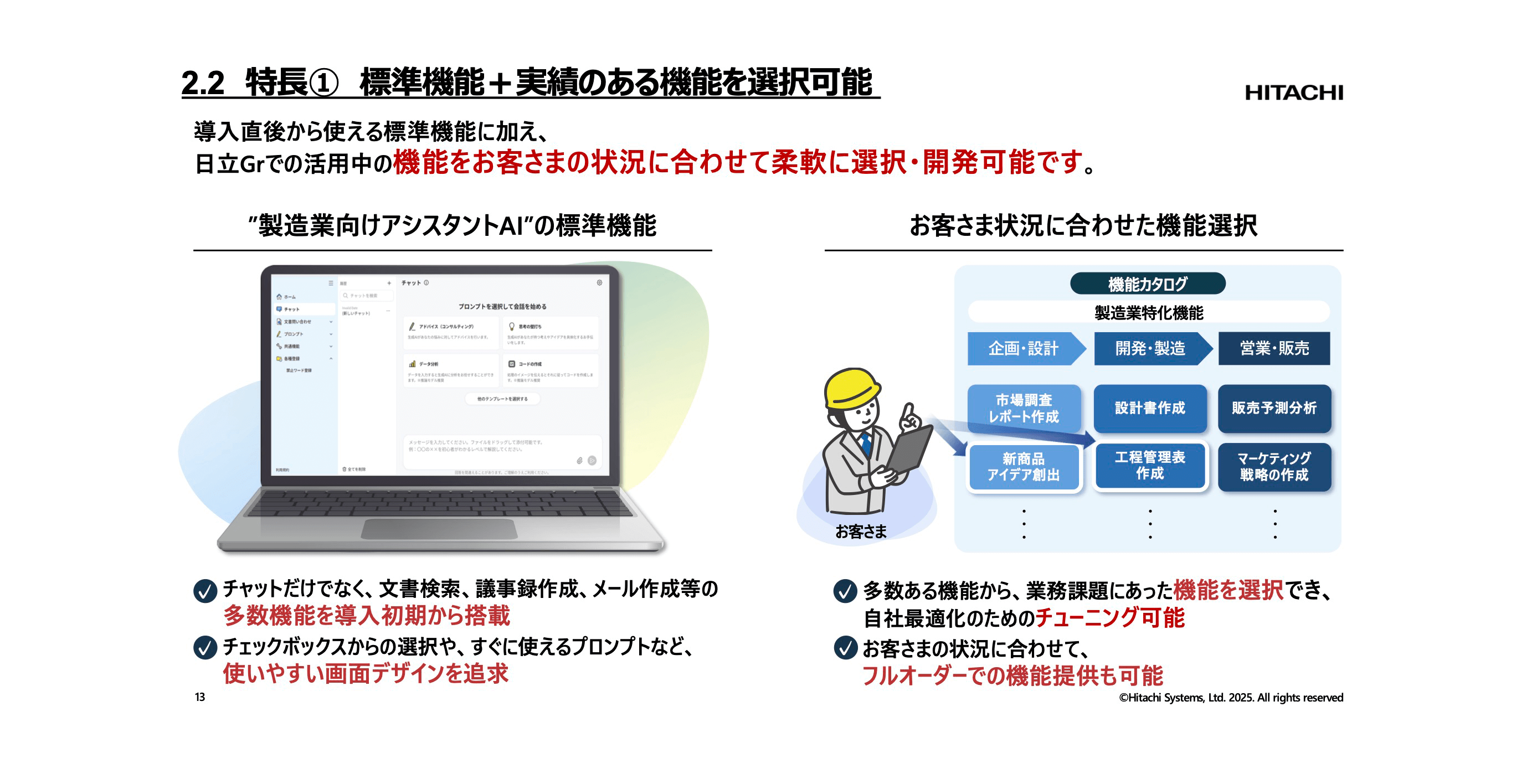 講演資料より：「製造業向けアシスタントAI」は標準機能の他実績のある機能を選択可能
