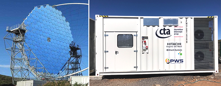 [Gamma-ray telescope (left) and power supply system provided by Hitachi Systems (right)