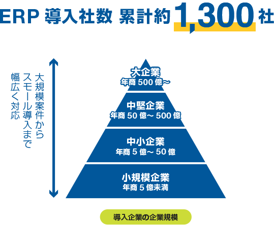 ERP導入社数　累計1,300社　大規模案件からスモール導入まで幅広く対応