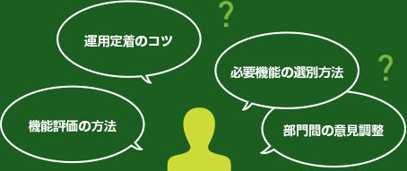 機能評価の方法　運用定着のコツ　必要機能の選別方法　部門間の意見調整