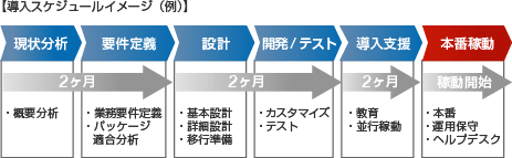 平均的には8カ月程度となりますが、お客さまの稼働希望日に合わせて短期型（約6カ月）からじっくり型（1年以上）までスケジューリング対応しますので、ご相談ください。 導入をスムーズに行うため、部門ごとの段階的な導入や、旧システムとの並行稼働による移行期間を設けるなどの柔軟なスケジュール立てが可能です。