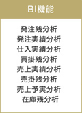 BI機能 発注残分析、発注実績分析、仕入実績分析、買掛残分析、売上実績分析、売掛残分析、在庫残分析