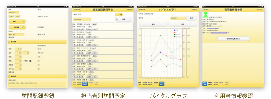 訪問記録登録/担当者別訪問予定/バイタルグラフ/利用者情報参照