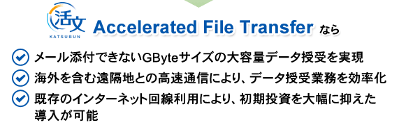 「活文　Accelerated File Transfer」なら　●メール添付できないGByteサイズの大容量データ授受を実現　●海外を含む遠隔地との高速通信により、データ授受業務を効率化　●既存のインターネット回線利用により、初期投資を大幅に抑えた導入が可能 