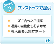 Point2 ワンストップで提供　ニーズに合ったご提案 運用の自動化もおまかせ 導入後も充実サポート