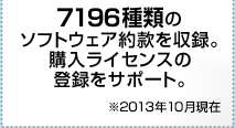 7196種類のソフトウェア約款を収録。購入ライセンスの登録をサポート。※2013年10月現在