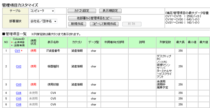 管理項目カスタマイズ