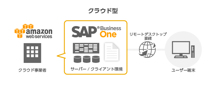 クラウド型：クラウド事業者（amazon web services)上にサーバー／クライアント環境（SAP Business One）を構築。ユーザー端末とリモートデスクトップ接続。