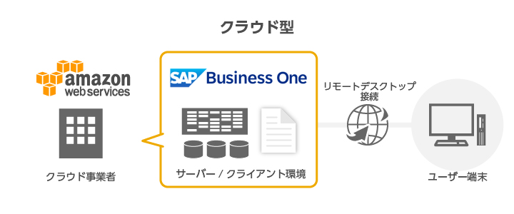 クラウド型：クラウド事業者（amazon web services)上にサーバー／クライアント環境（SAP Business One）を構築。ユーザー端末とリモートデスクトップ接続。