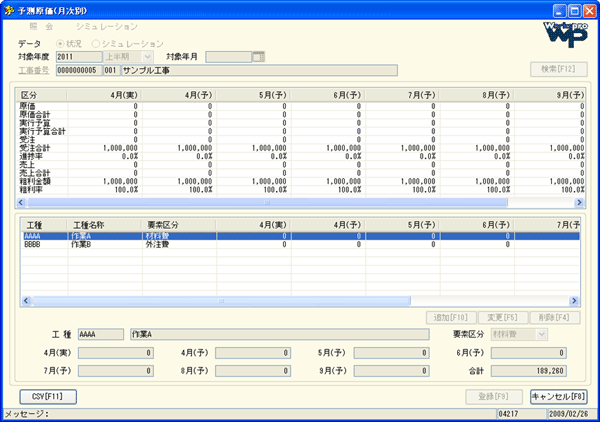 予測原価（月次別）画面