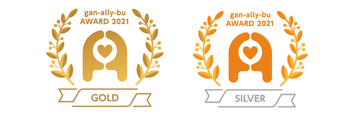 日立システムズ、グループ2社が受賞した「がんアライアワード2021 GOLD」ロゴ（左）、グループ2社が受賞した「がんアライアワード2021 SILVER」ロゴ（右）