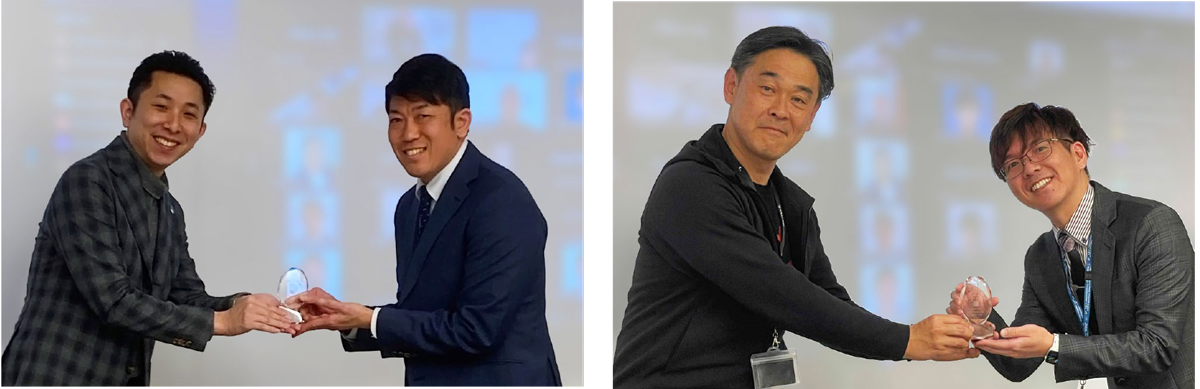 写真左：「CFDS of the year 2023」 の表彰にて、DataRobot Japan社 小川 幹雄 副社長 兼 AI＆サービス統括部長（左）、日立システムズ 産業・流通事業グループ 産業・流通情報サービス第二事業部 岩井 宏明（右）、写真右：「Sales of the year 2023」の表彰にて、DataRobot Japan社 滝沢 理 リージョナルディレクター セールス（左）、日立システムズ 営業統括本部 産業・流通営業統括本部 辻 真也（右）