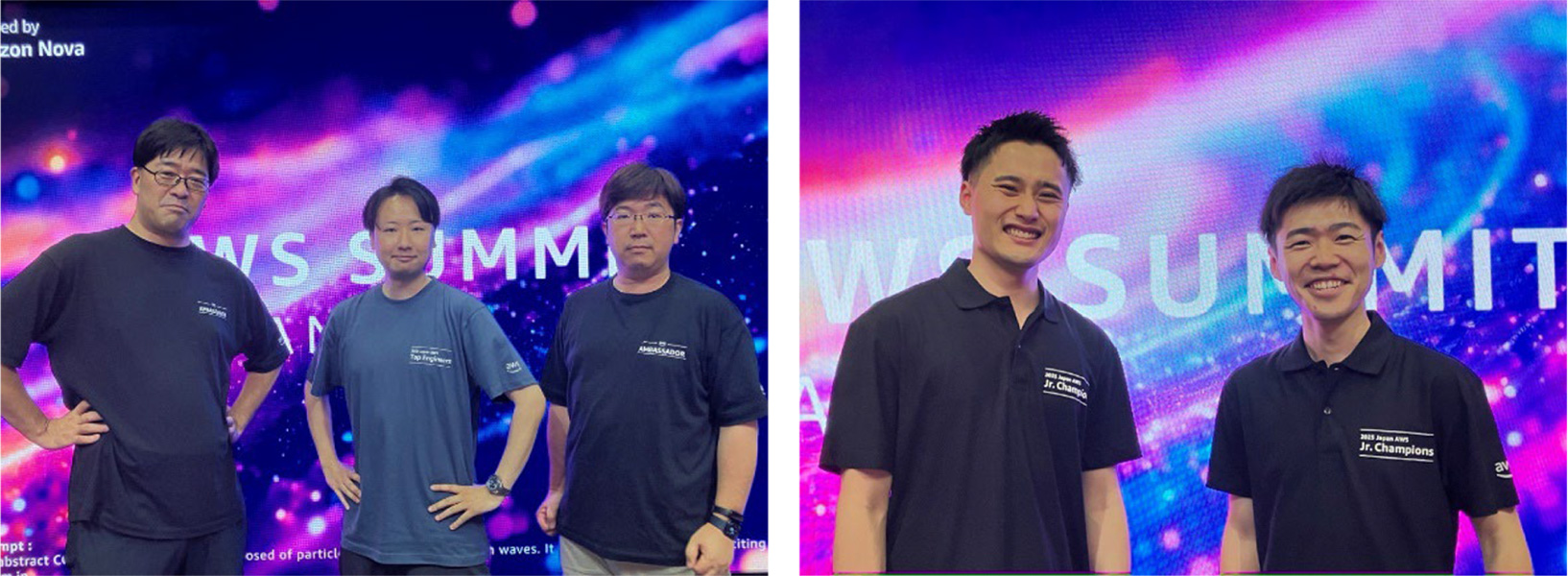（写真左）2025 Japan AWS Top Engineers の後藤（左）、佐々木（中央）、藤巻（右）（写真右）2025 Japan AWS Jr. Champions の大坪（左）、八木（右）