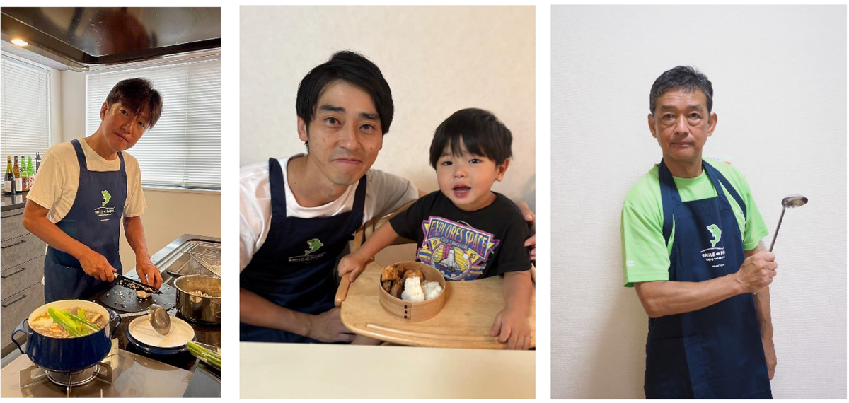 日立システムズ内で作成・配付した「SMILE∞パパエプロン」を活用する従業員