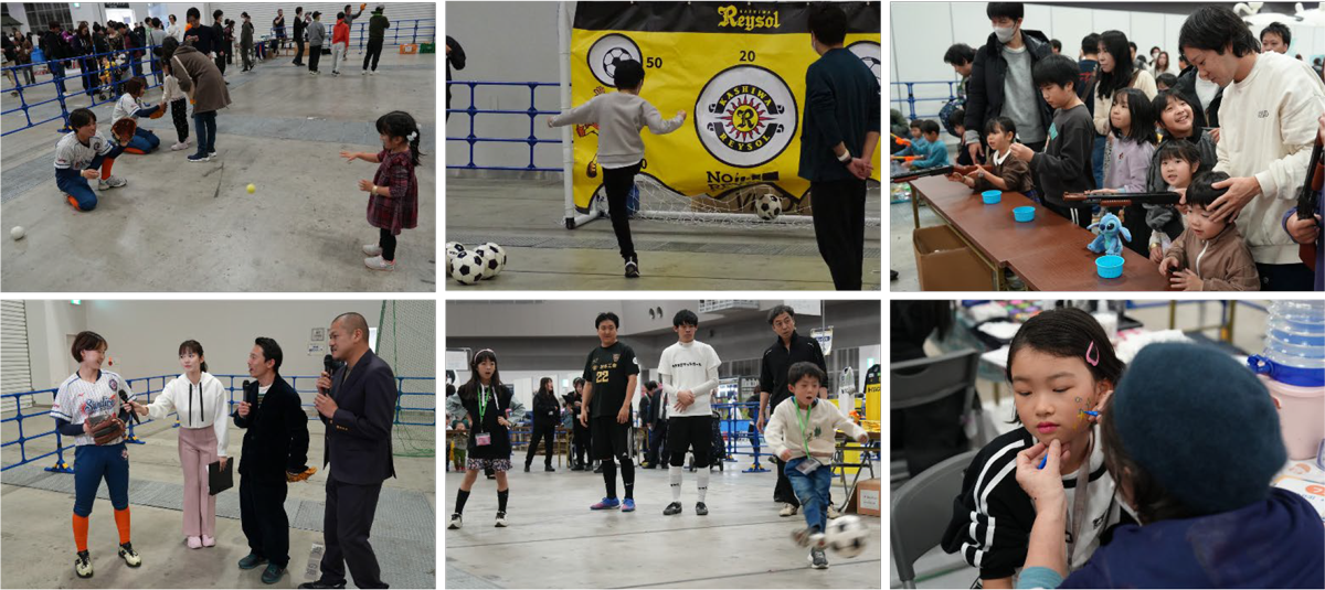 会場内はスポーツ体験コーナーや縁日、日立システムズが手掛ける農園の野菜配布など、さまざまな催しで大盛況。子ども向けサッカー教室には、芸人のワッキーさんとお笑いコンビのカカロニ、ソフトボールゲームコーナーには日立サンディーバの選手が登場。