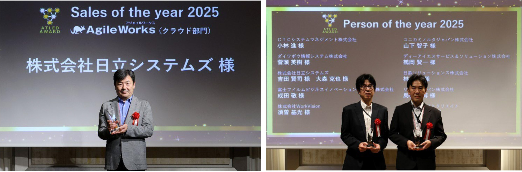 表彰式の様子。左から、産業・流通事業グループ 産業・流通情報サービス第二事業部 事業部長の橋本 和人、同グループ 同事業部の大森 克也、吉田 賢司