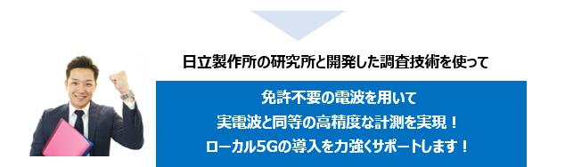 日立製作所の研究所と開発した調査技術を使って免許不要の電波を用いて実電波と同等の高精度な計測を実現！ローカル5Gの導入を力強くサポートします！