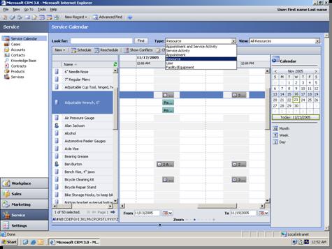 Microsoft Dynamics CRM　スケジュール画面