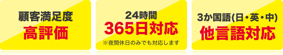顧客満足度 高評価 24時間 365日対応 ※夜間休日のみでも対応します 3か国語(日・英・中)他言語対応