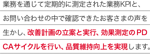 業務を通じて定期的に測定された業務KPIと、お問い合わせの中で確認できたお客さまの声を生かし、改善計画の立案と実行、効果測定のPDCAサイクルを行い、品質維持向上を実現します。