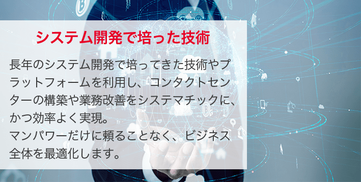 システム開発で培った技術 長年のシステム開発で培ってきた技術やプラットフォームを利用し、コンタクトセンターの構築や業務改善をシステマチックに、かつ効率よく実現。マンパワーだけに頼ることなく、ビジネス全体を最適化します。