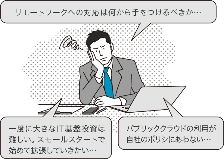 リモートワークへの対応は何から手をつけるべきか​… 一度に大きなIT基盤投資は難しい。スモールスタートで始めて拡張していきたい… パブリッククラウドの利用が自社のポリシにあわない…​