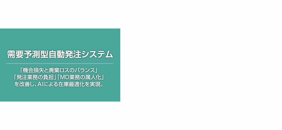 需要予測型自動発注システム 需要予測型自動発注システムは、小売業における悩みの種である在庫最適化を実現するためのソリューションです